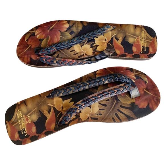 Scotch & Soda Tropical Floral Braided Leather Strap Flip Flops Size 10